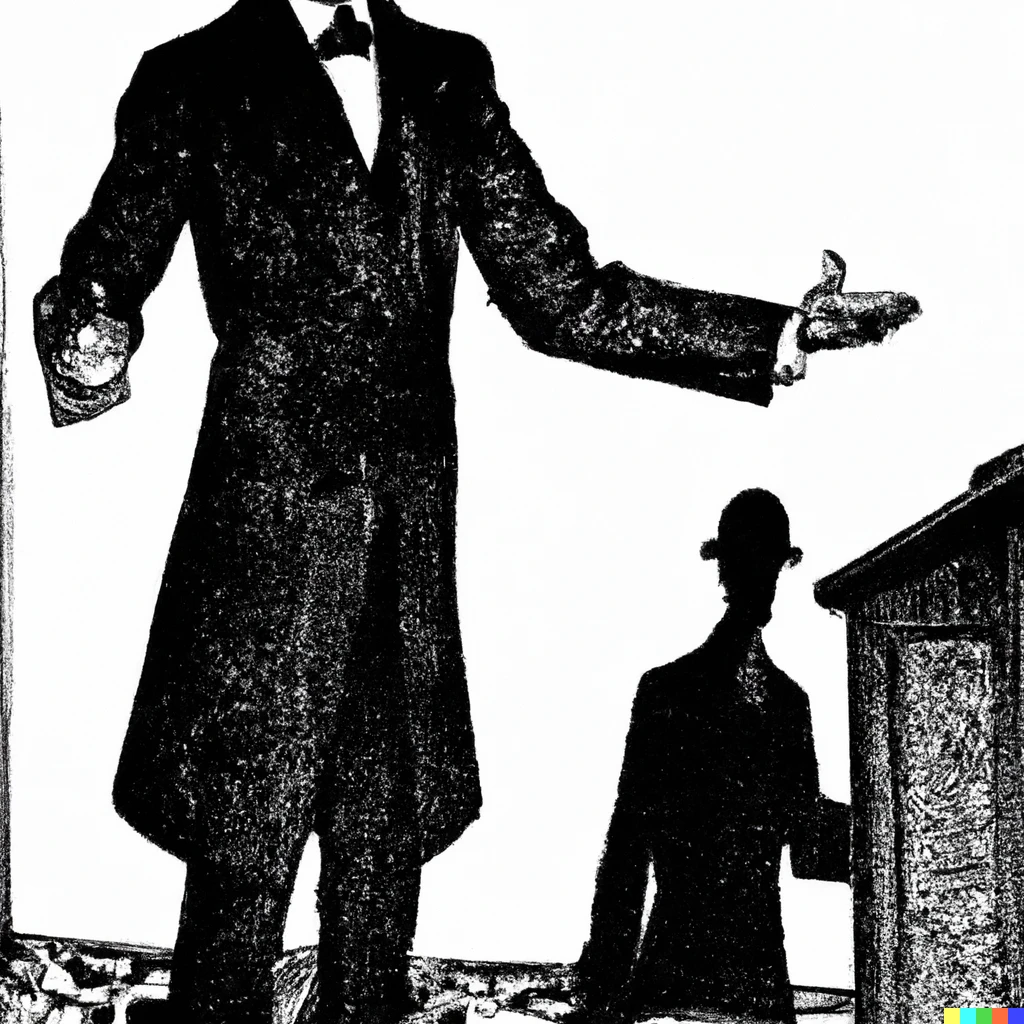 Prompt: A figure of a businessman giving a presentation, as depicted by Aubrey Beardsley. It is gloomy and generally dark. The surly man looks like Crowley.