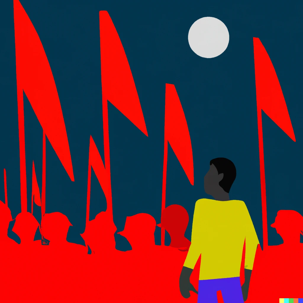 Prompt: Red flags invade a metropolitan area, people uninterested, night moon and a lot of people