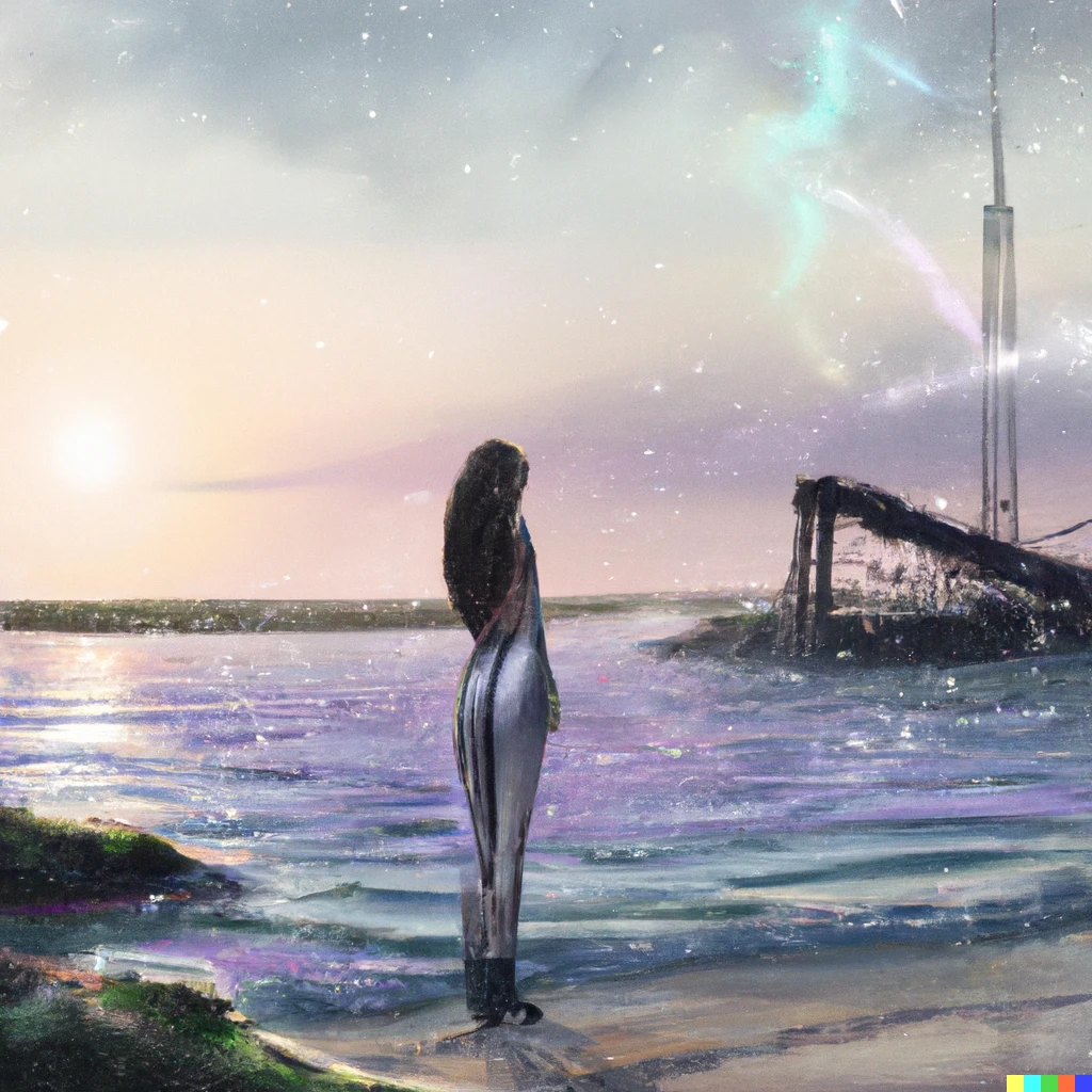 Prompt: a woman walking on the beach dreaming, digital art
