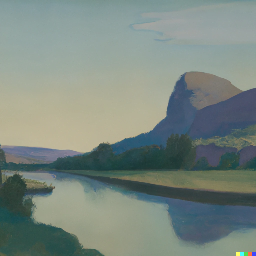 Prompt: "A landscape with a river and a mountain" by Edward Hopper