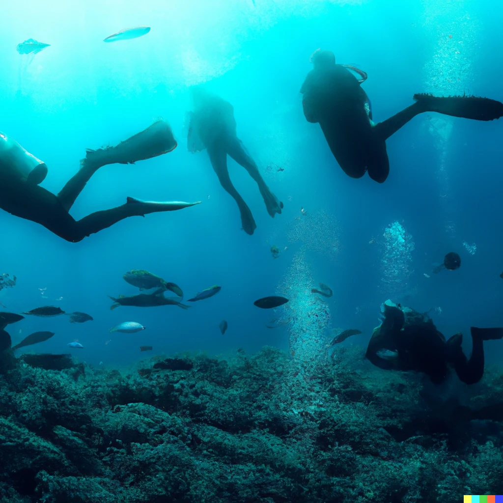Prompt: Freediving group of divers among fish and algae deep ocean, photo