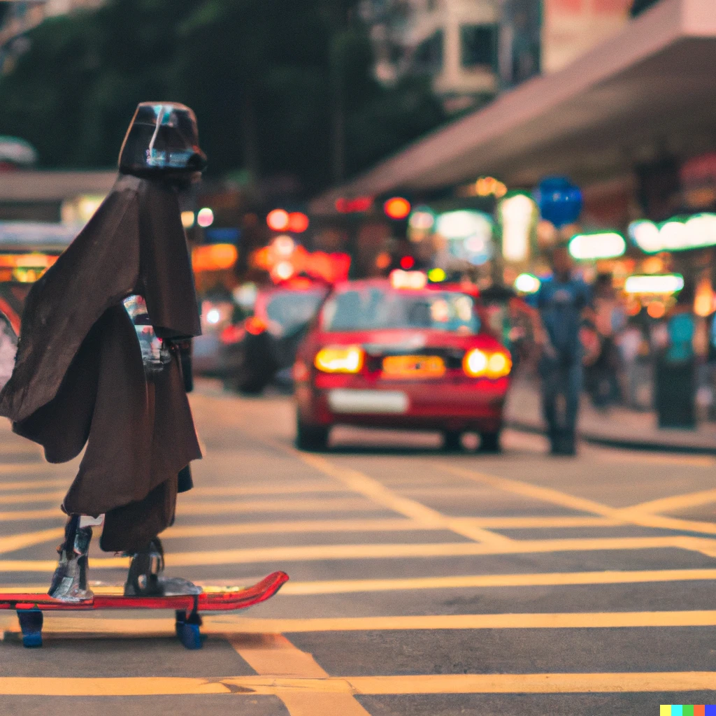 Prompt: The Mandalorian rides a skateboard on Nathan Road, Hong Kong, Sigma 85 mm f/1.4