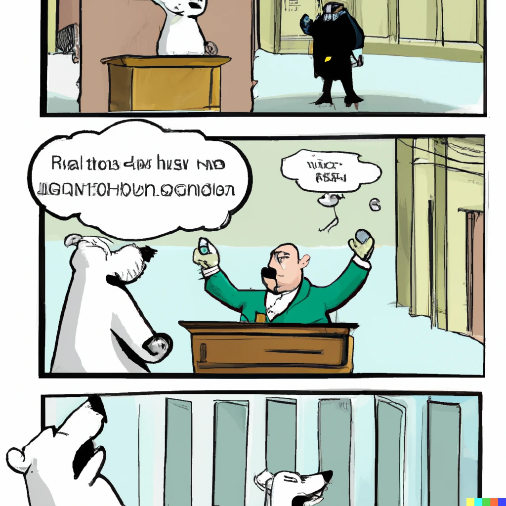 Prompt: Three-panel cartoon.  In the first panel, a polar bear presides in court as a judge.  In the second panel, a dog Bailiff handcuffs a criminal.  In the third panel, the criminal is in a jail cell.