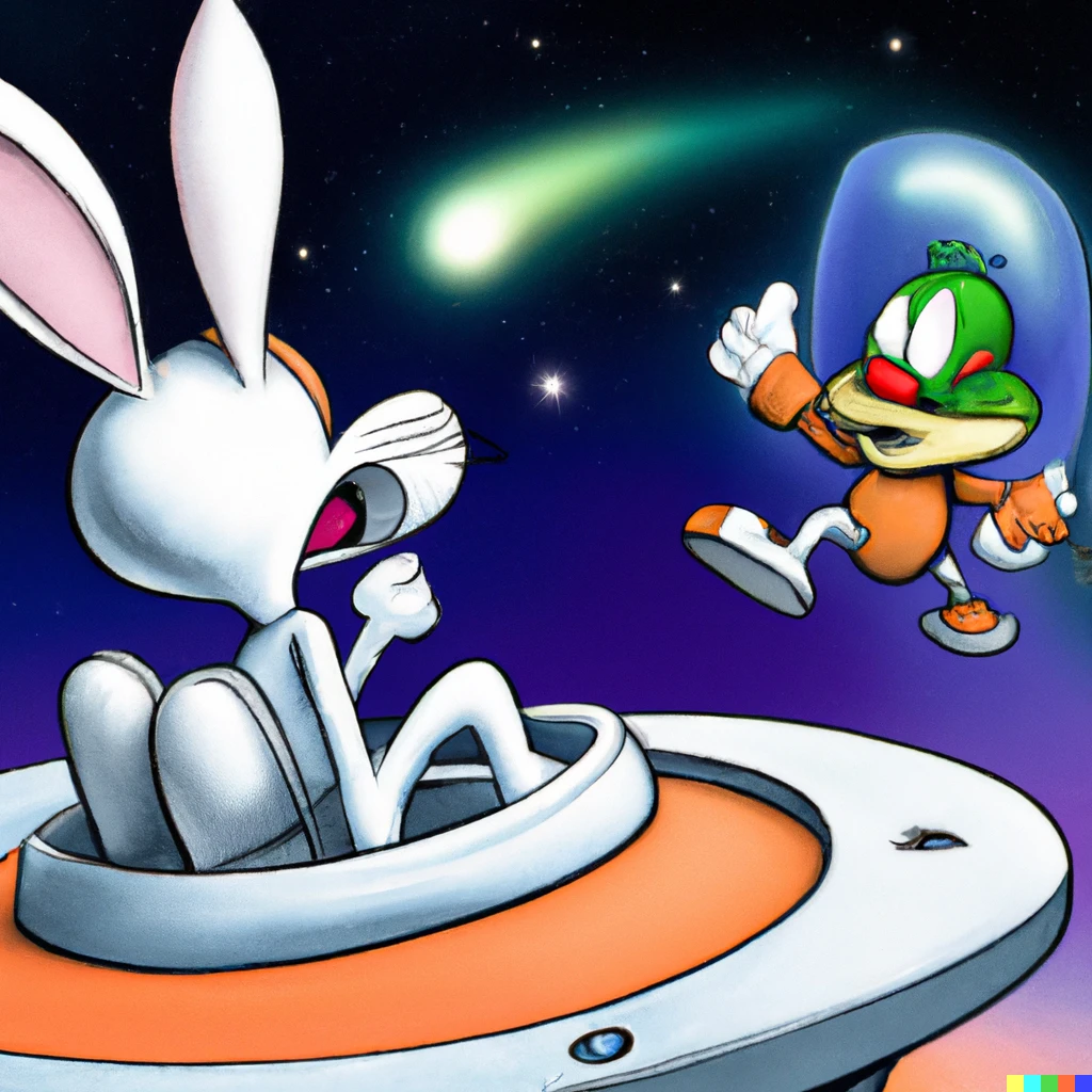 Prompt: Marvin the Martian confronts Bugs Bunny on his space platform, cartoon  