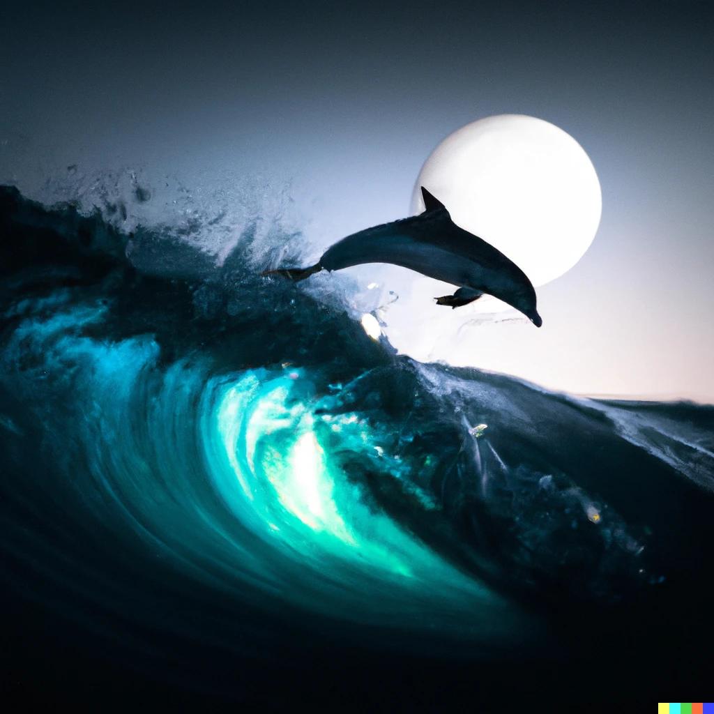 Prompt: a dolphin jumping out of a large barrel wave full of bioluminescence, silhouetted by the moon. Cinematic photo