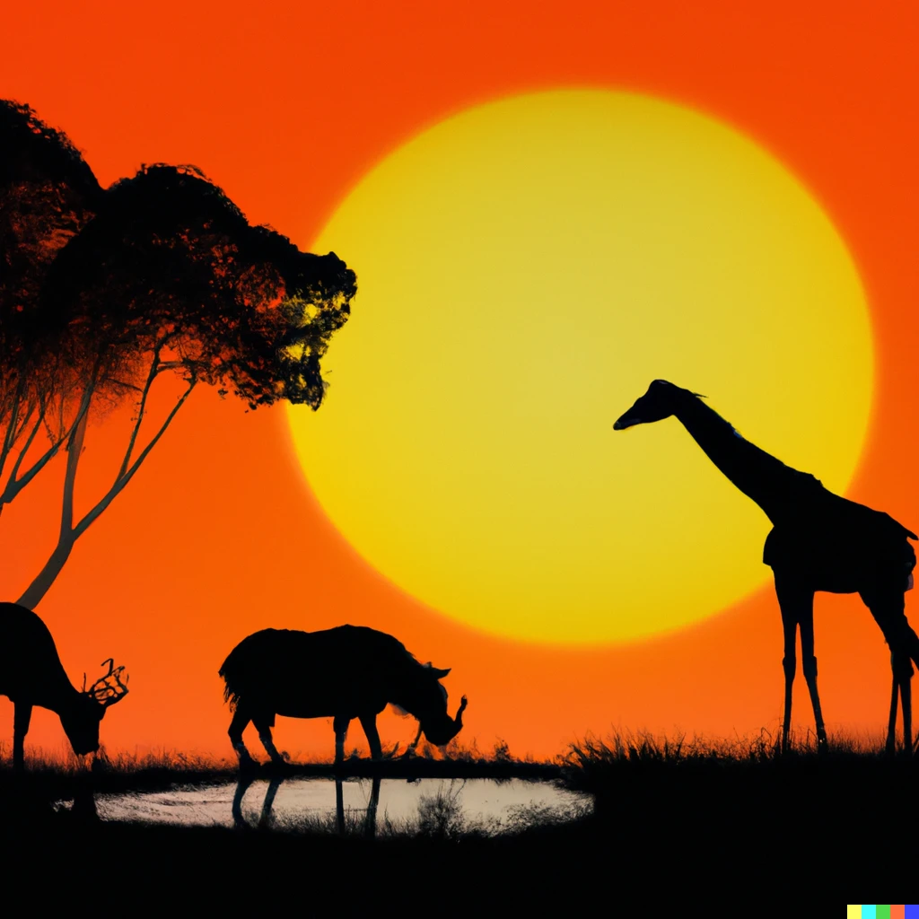 Prompt: an African savanna scene at sunset with animals drinking from a watering hole