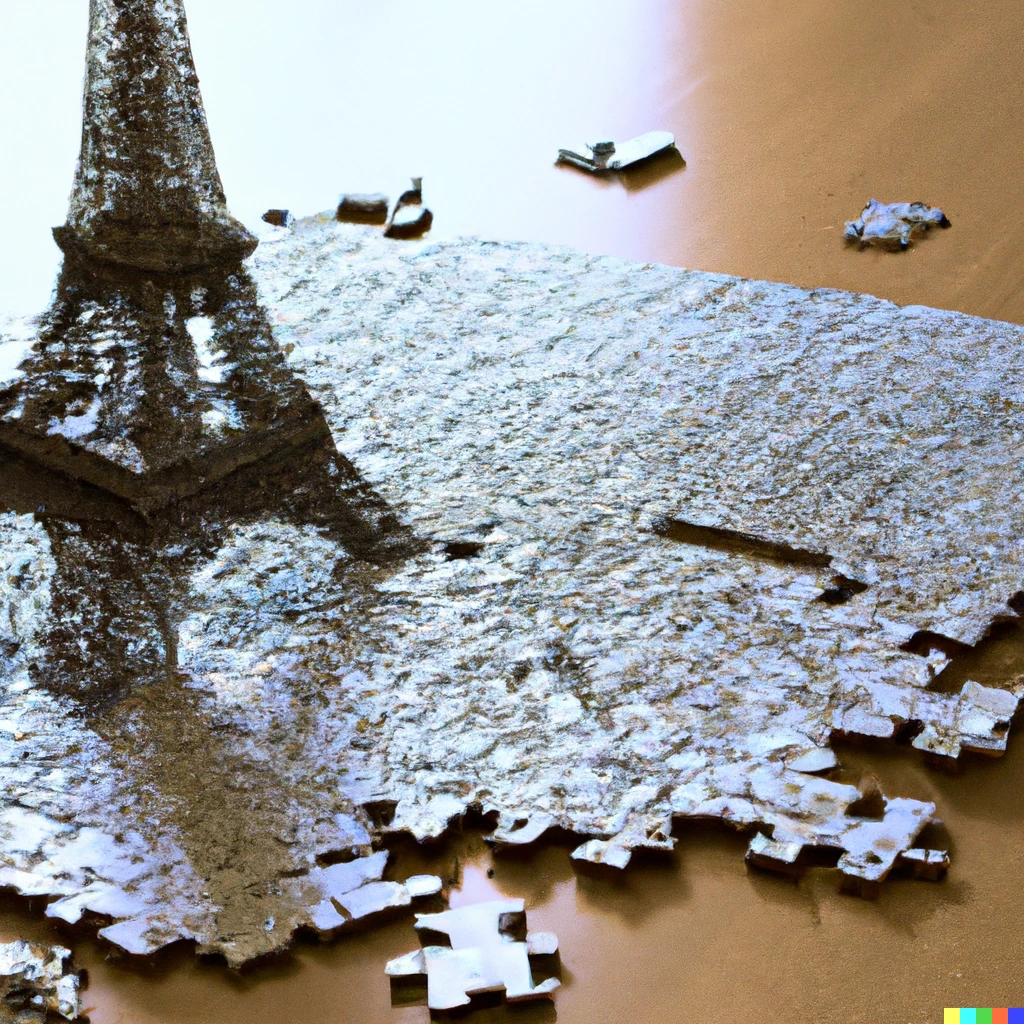 Prompt: a 500 piece partially finished jigsaw of the Eiffel tower on a floating table