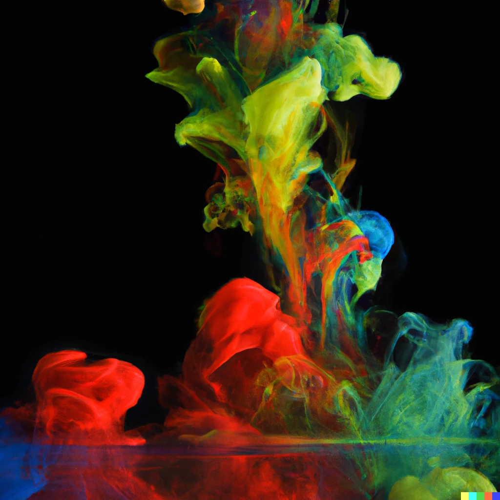 Prompt: Multicoloured ink in water, black background, studio lit from the side. photo