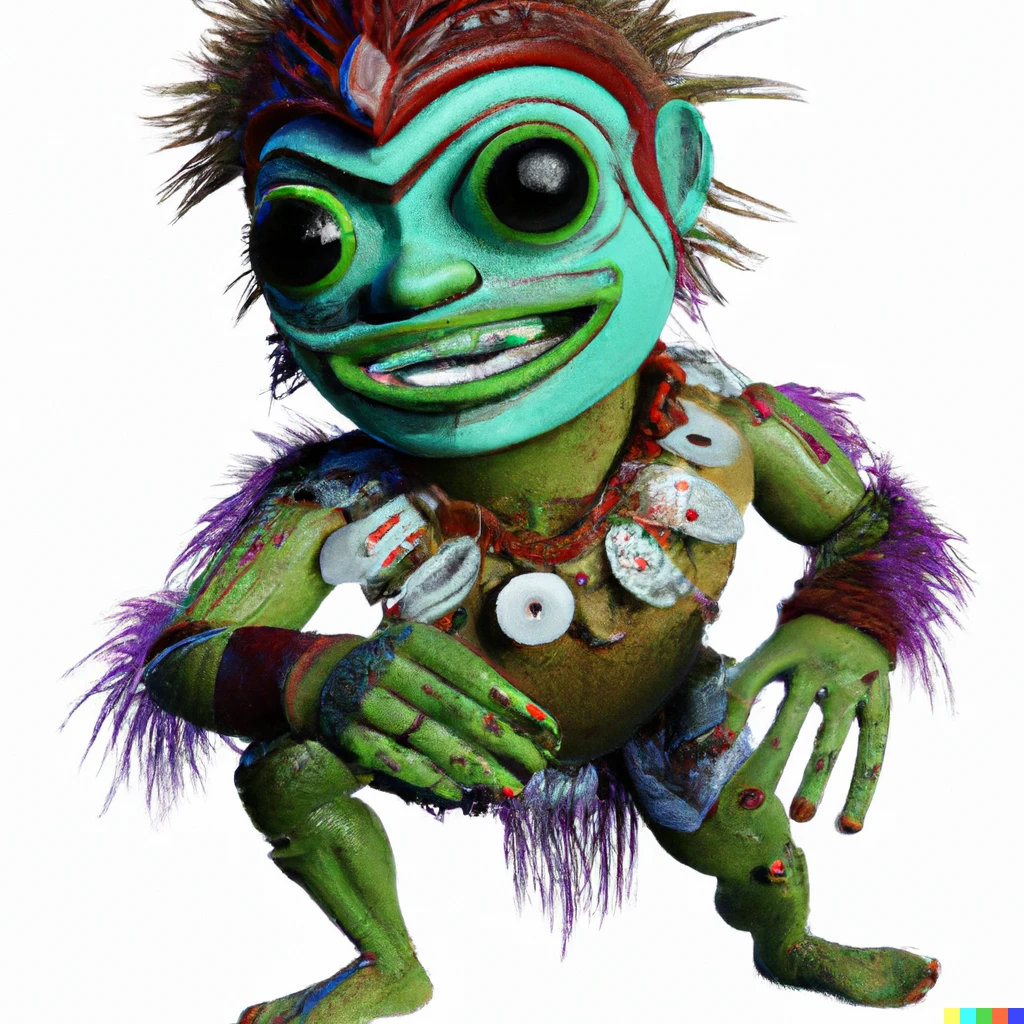 Prompt: The Kakamora are pint-sized. They have painted battle faces and bone headdresses to make them look fierce. They use coconut hulls for tough armor. They also have leaf wrappings around their wrists and ankles. In the style of Disney 3D animation, Moana, character