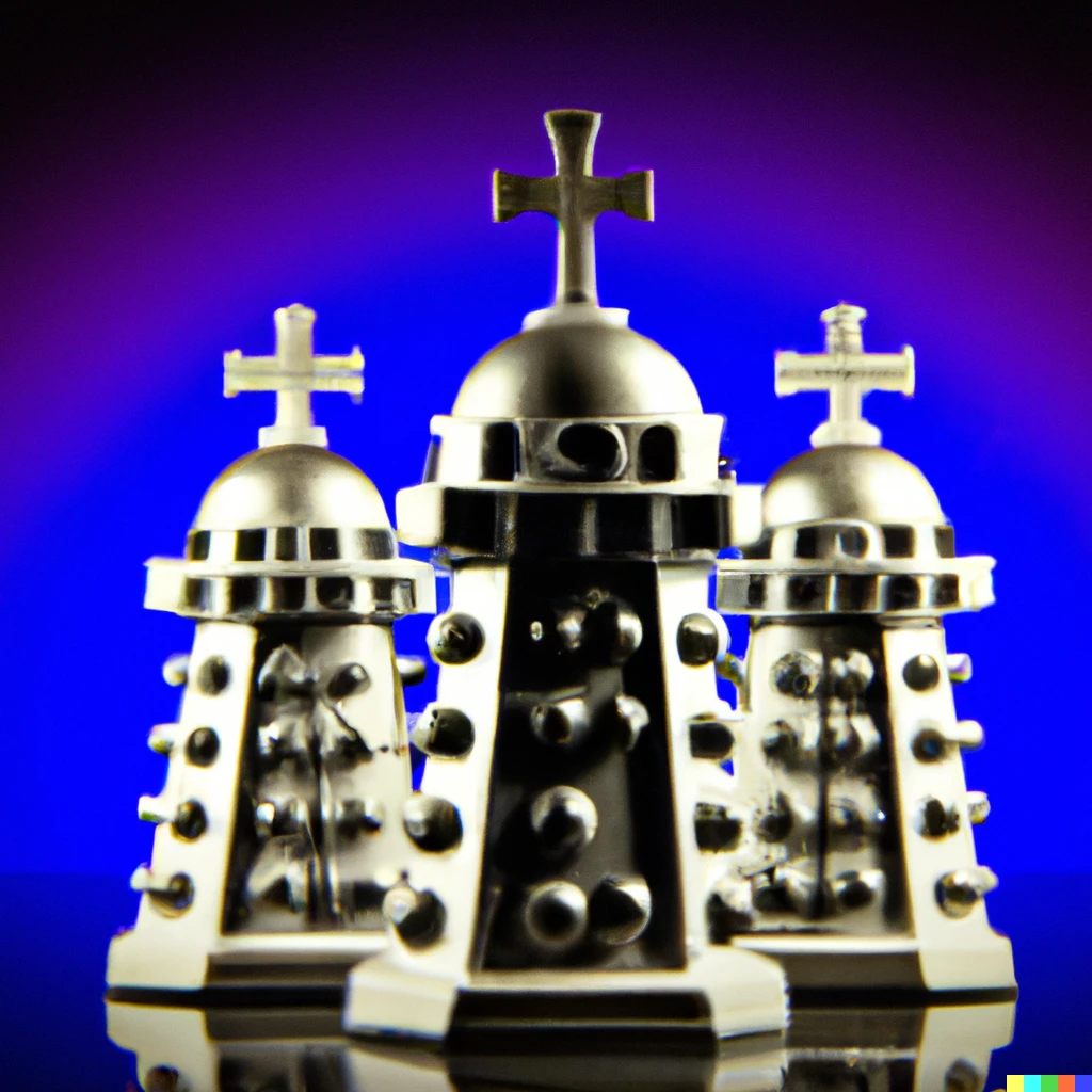 Prompt: Professional glossy photo of Daleks on the cross