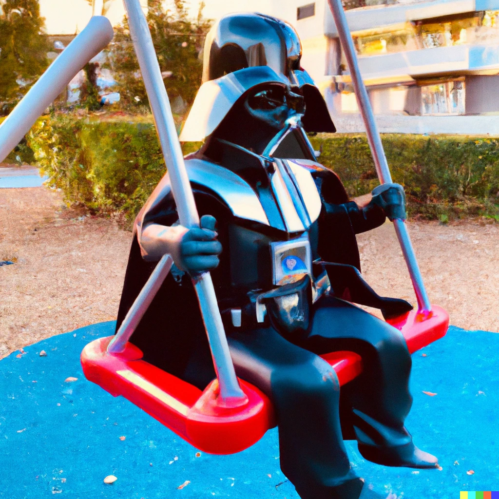 Prompt: Darth Vader enjoys a swing in a child’s playground from Star Wars movie