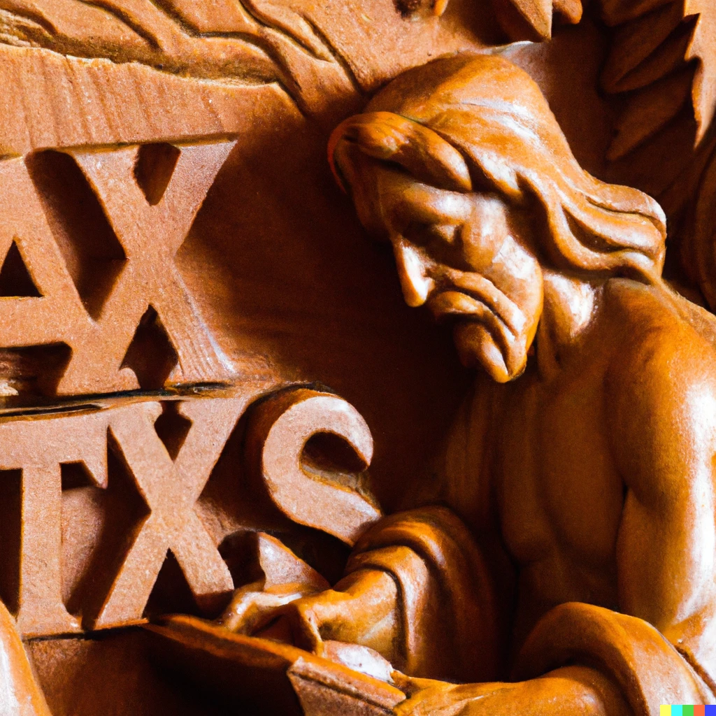 Prompt: A detailed woodcarving depicting Jesus doing his taxes