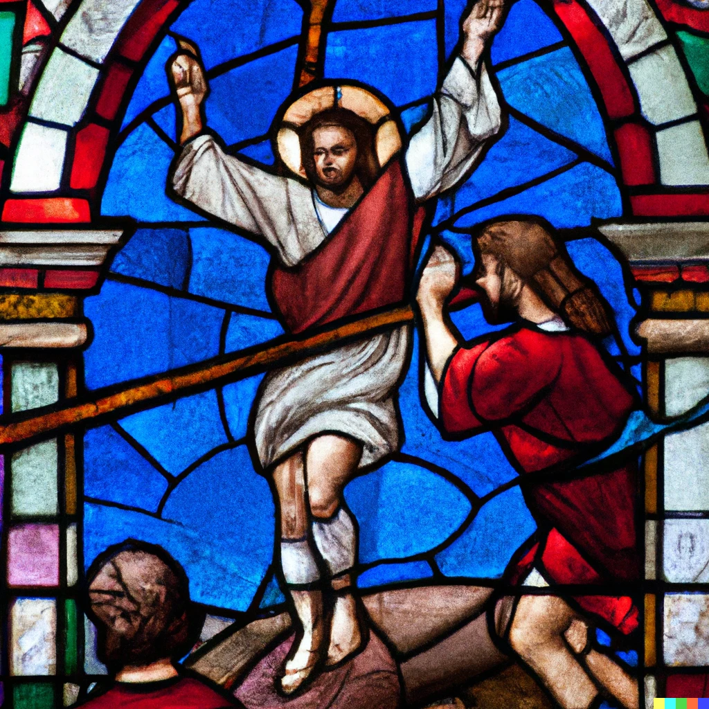 Prompt: A stained glass window depicting Jesus scoring a goal