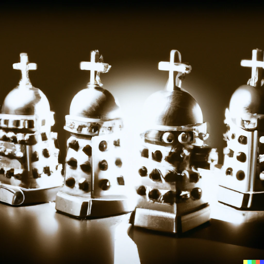 Prompt: Professional glossy photo of Daleks on the cross