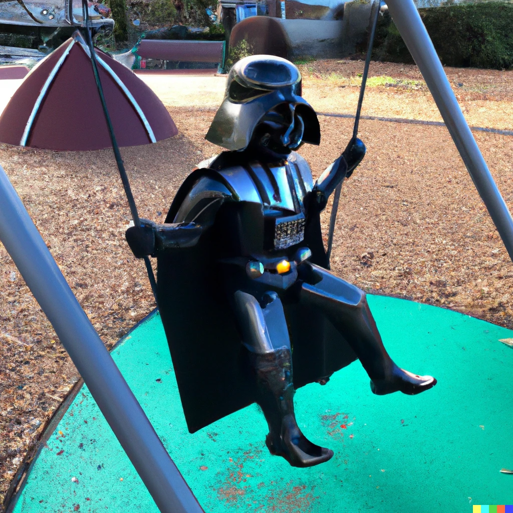 Prompt: Darth Vader enjoys a swing in a child’s playground from Star Wars movie