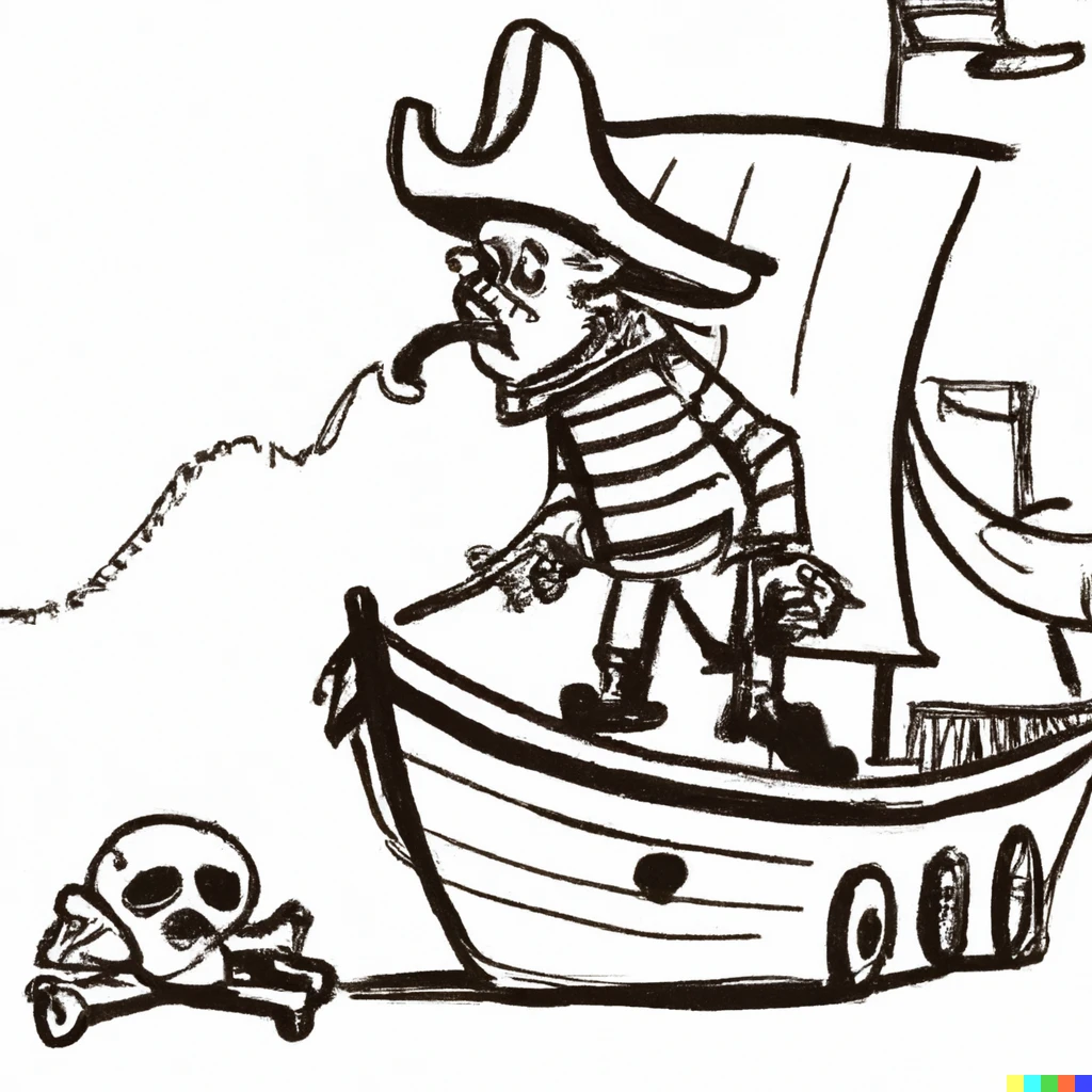 Prompt: Joe Neate is a pirate sailing a sloop while fighting off skeletons.