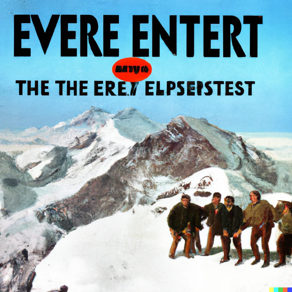 Prompt: An album cover with The Beatles on Mount Everest 