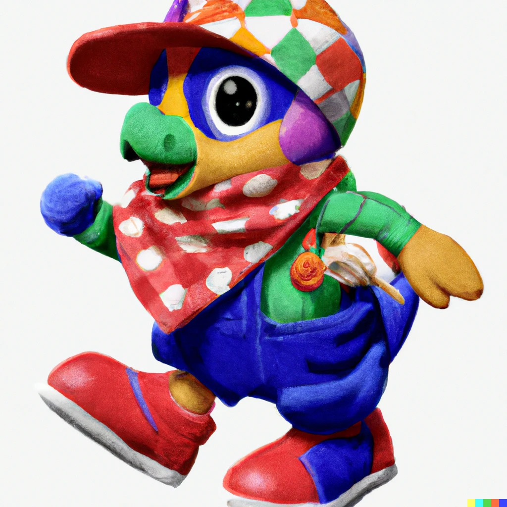 A blue Yoshi wearing a red hat backwards along with a | DALL·E 2 | OpenArt