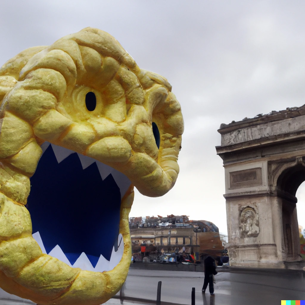 Prompt: A giant monster munch snack that is destroying Paris and scaring citizens