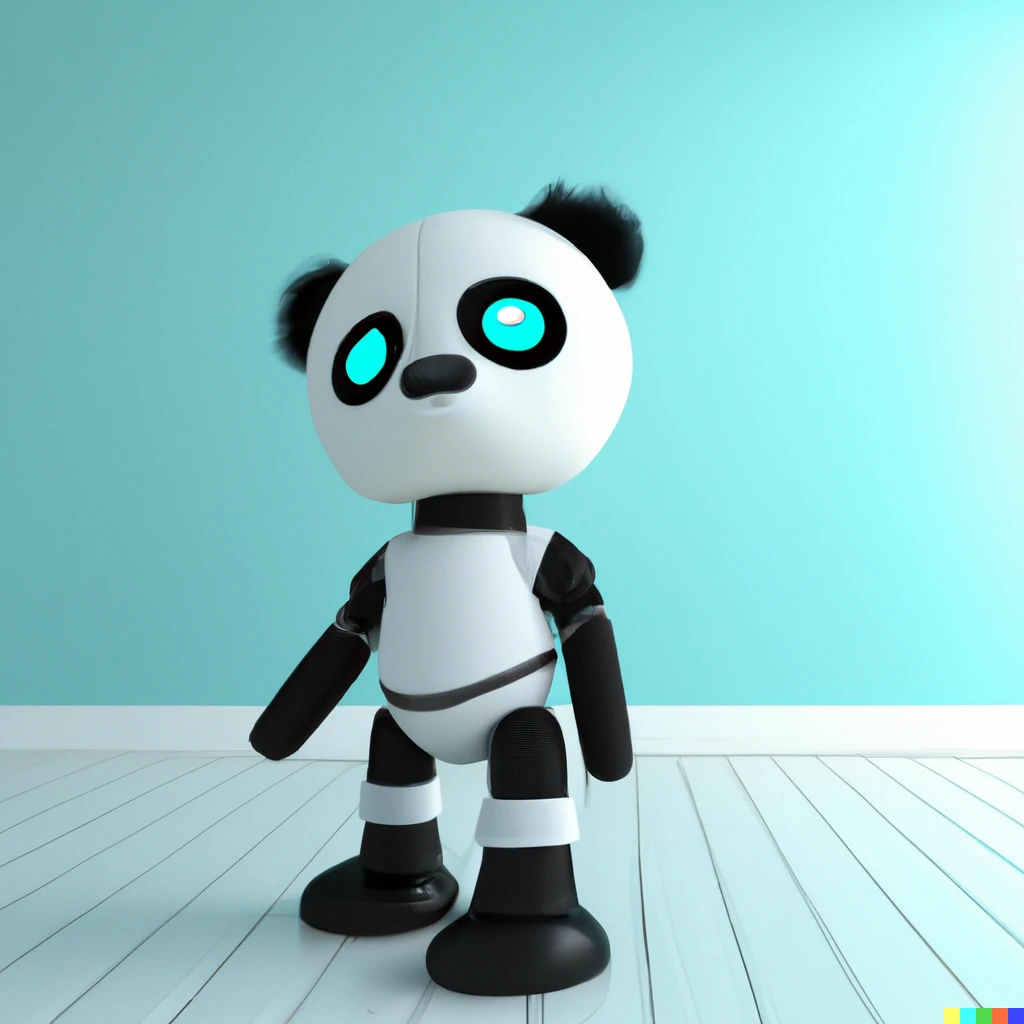 Prompt: 3D render of a cute robot panda in light blue room 