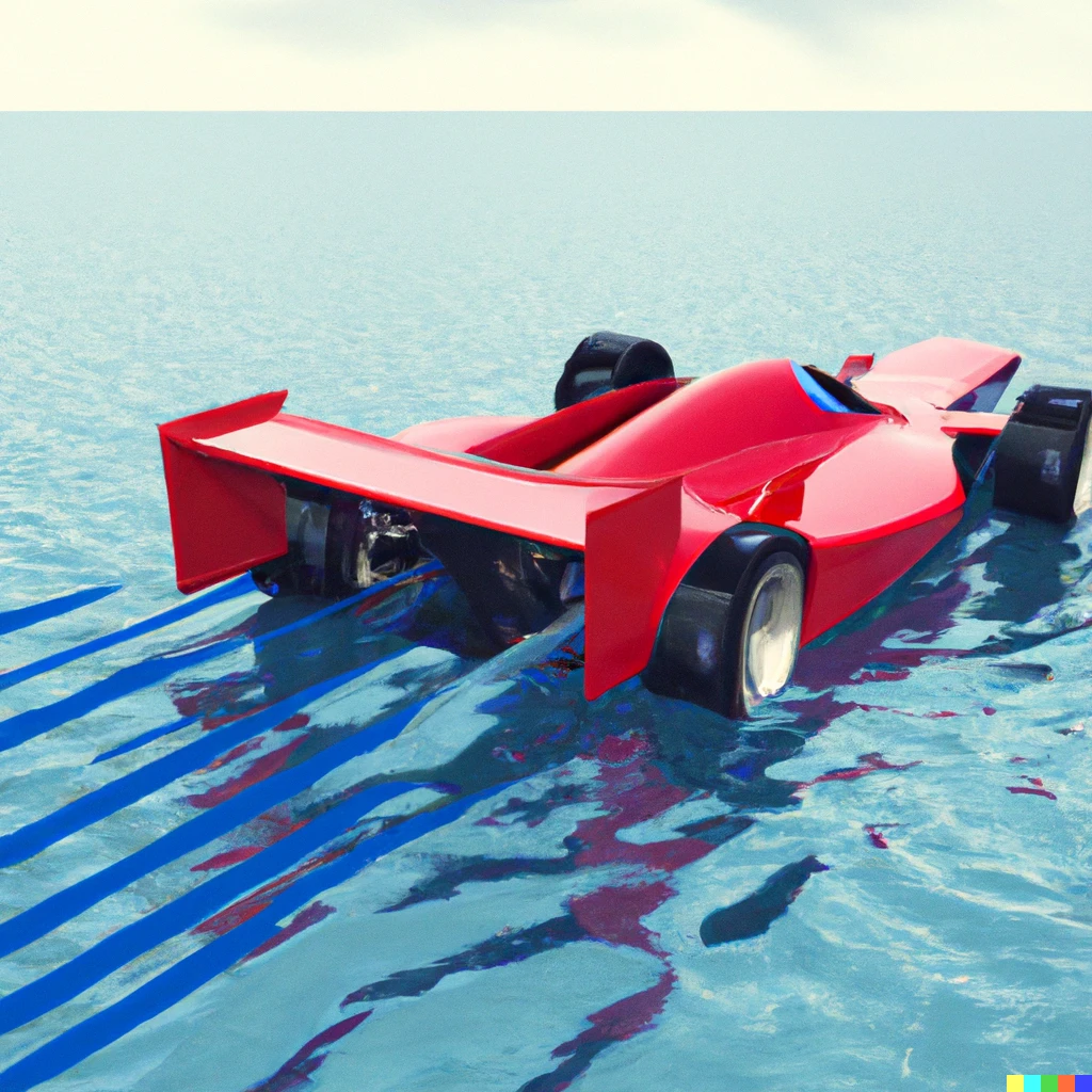 Prompt: 3d render of a ferrari car made to run on water 
