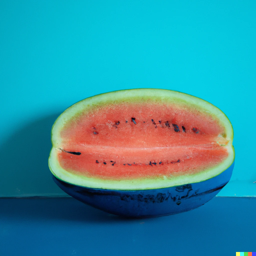 Prompt: a blue watermelon sliced in half lying on a blue floor in front of a blue wall
