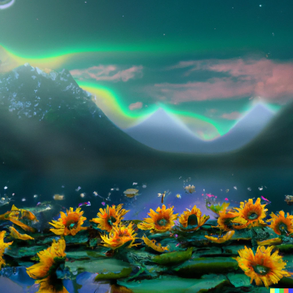 Prompt: A lake reflecting the northern lights in the skies,with beautiful mountains and sunflowers,lotus  flowers on its banks