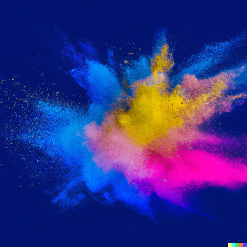 Prompt: a explosion of colorful powder colors in a blue background