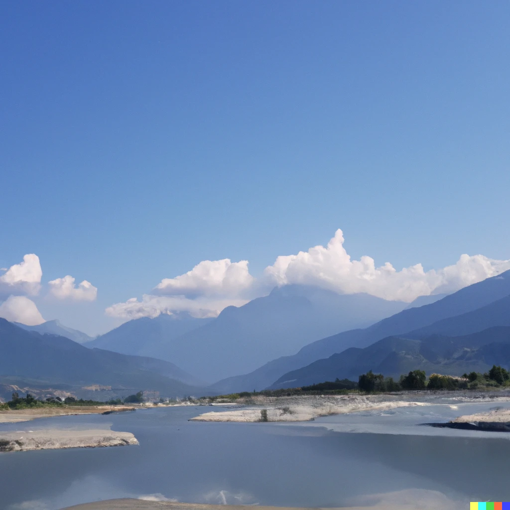 Prompt: a pleasant looking blue sky with clouds and beautiful nature with Himalayas and an reflective river