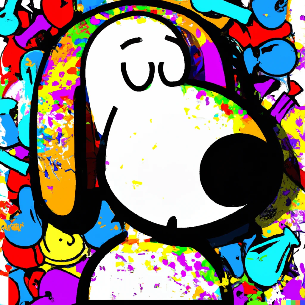 Prompt: Solid white Snoopy as colorful saturated spray can grafitti drawing in the style of Dimitri Barilko