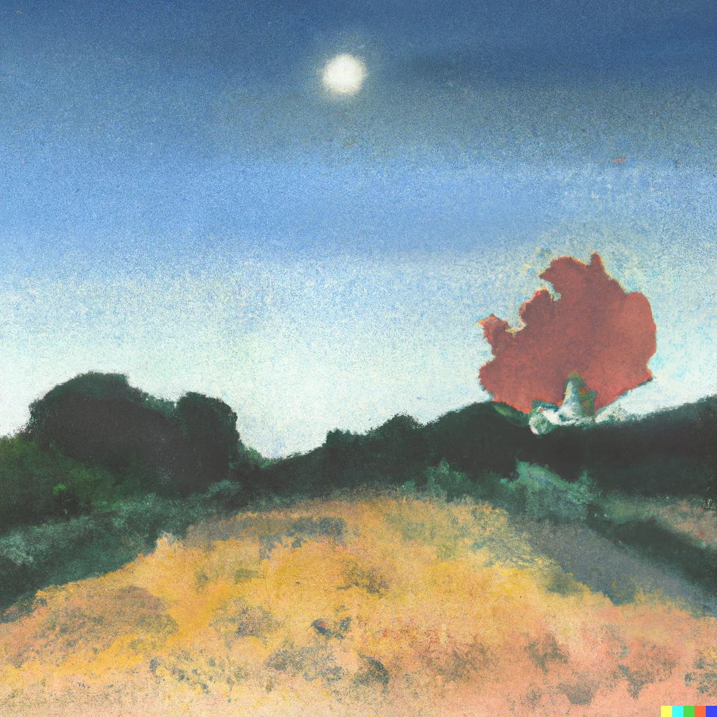 Prompt: Baked Thameside meadow with moon up before sun down and a red tree with branches without leaves, Aquarell painting