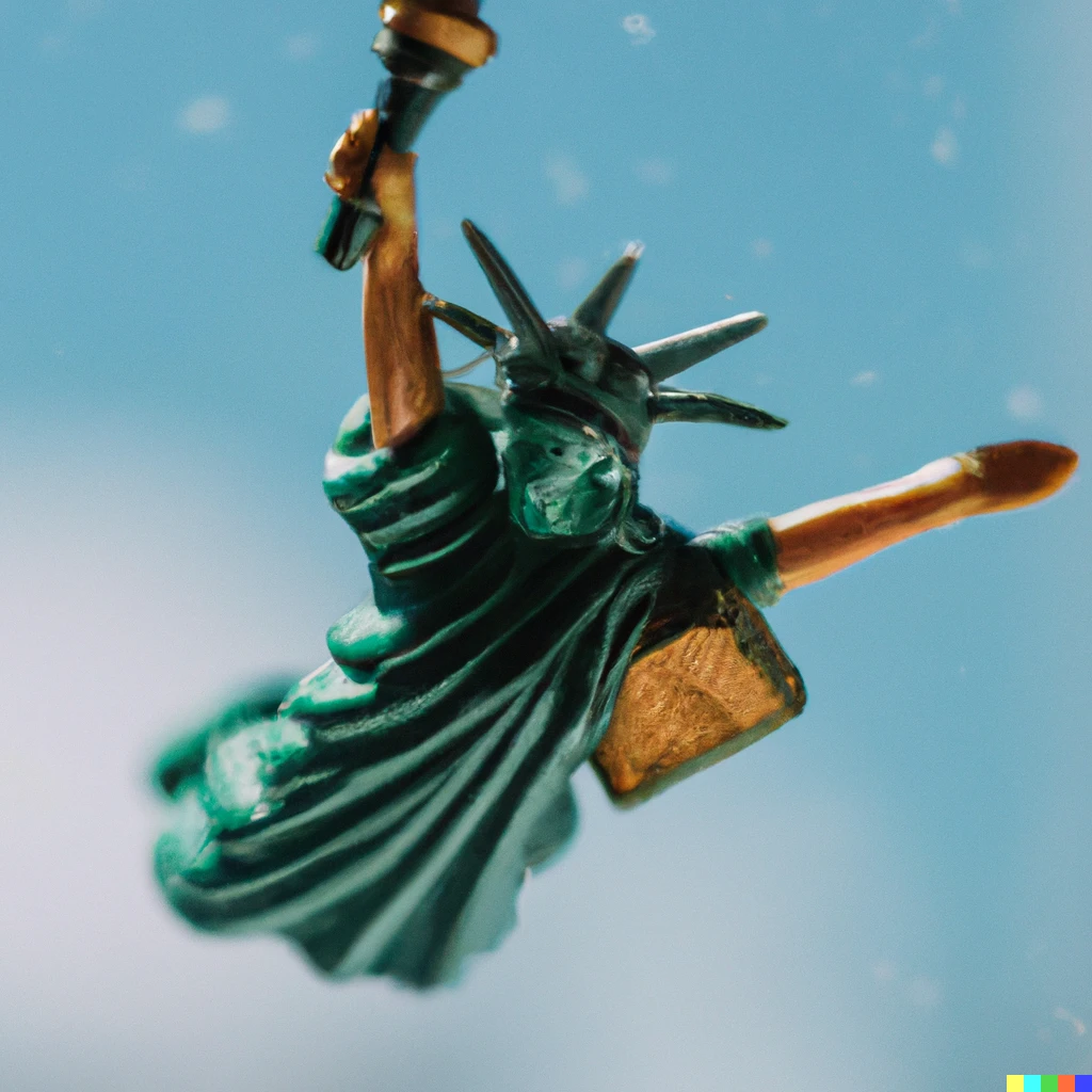 Prompt: 35mm macro photo of a miniature statue of liberty flying in the sky in wing suit
