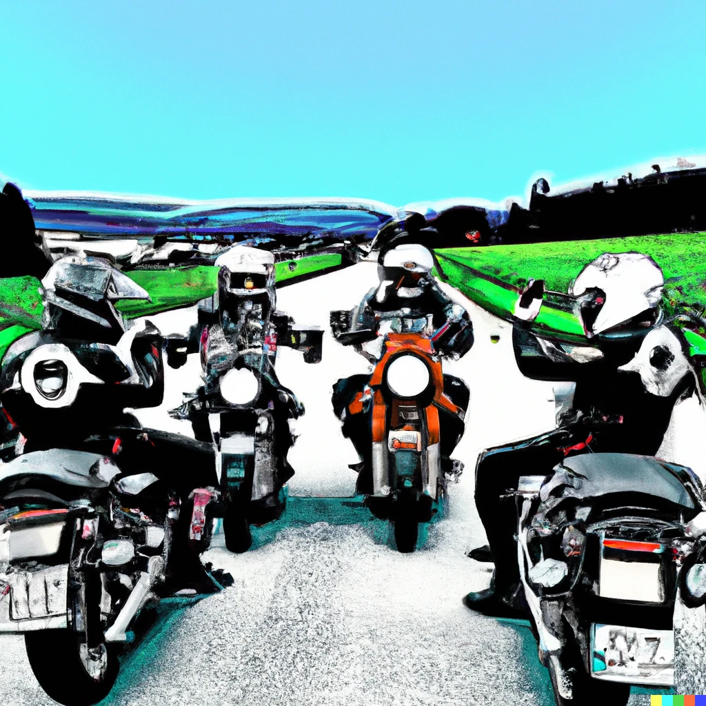 Prompt: annual motorcycle weekend in Germany driving. 2 Swiss and 3 Dutch motorcyclists. Driving and relaxing.  Please draw this realistic 