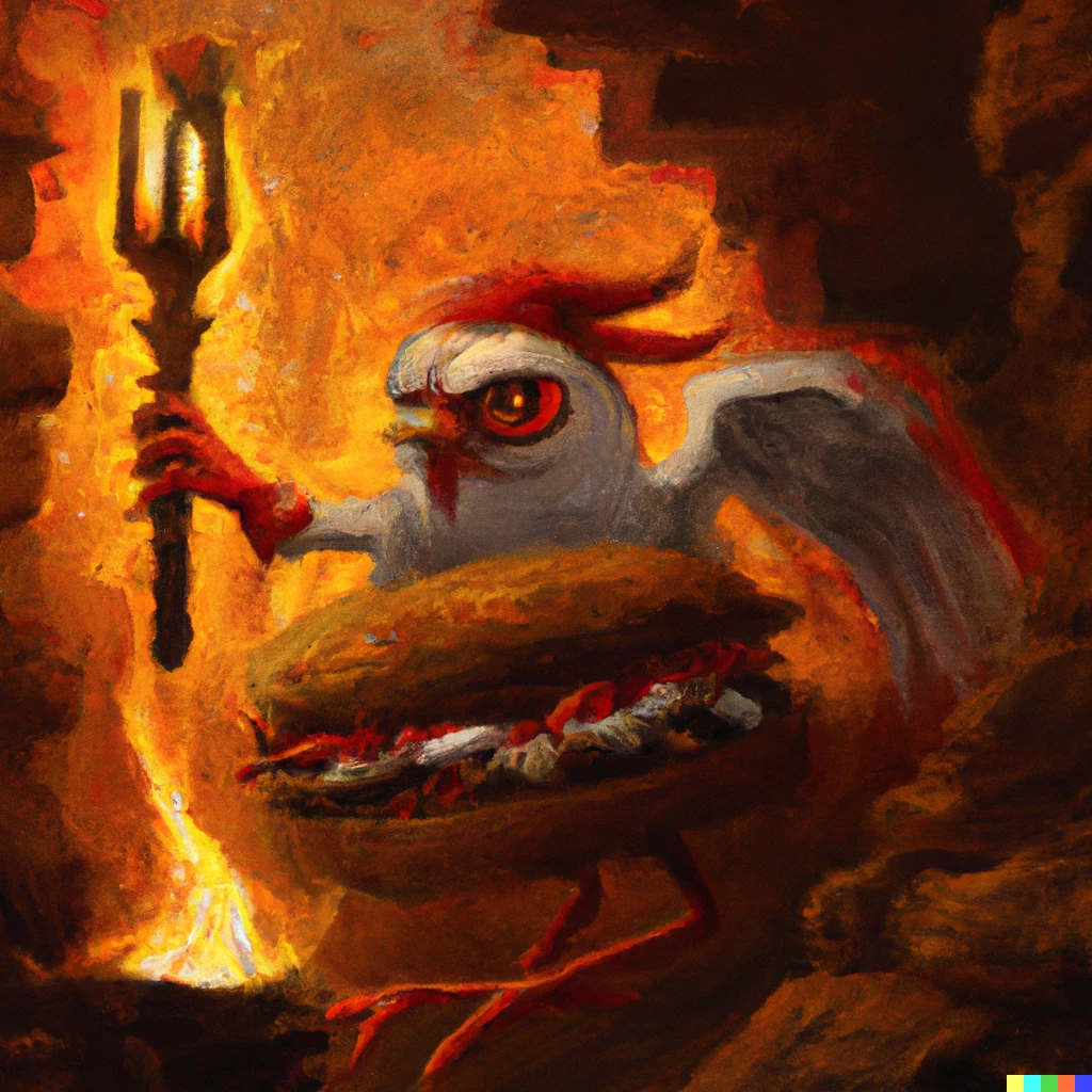 Prompt: A spicy chicken sandwich holding a pitchfork and wearing robes in a hellish cave with flames all around, oil painting 