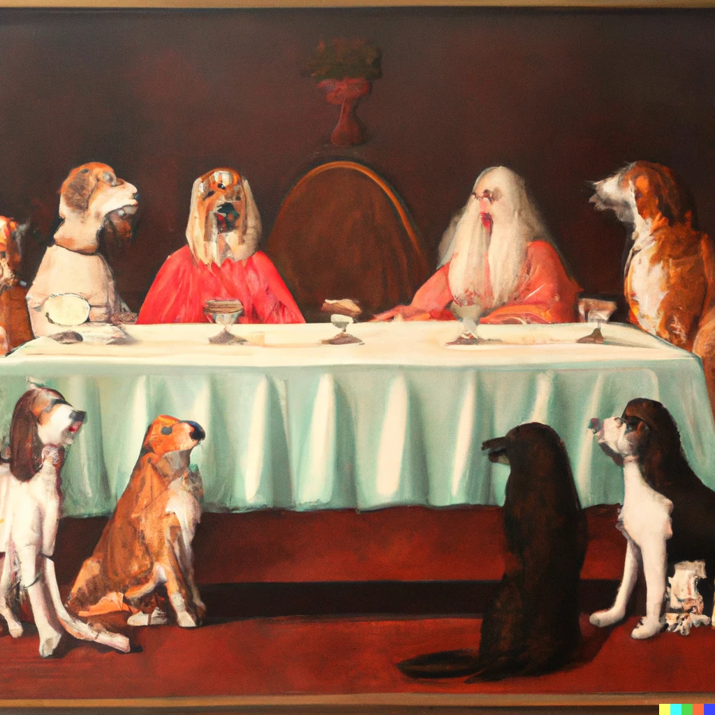 Prompt: a painting of the last supper with dogs instead of humans