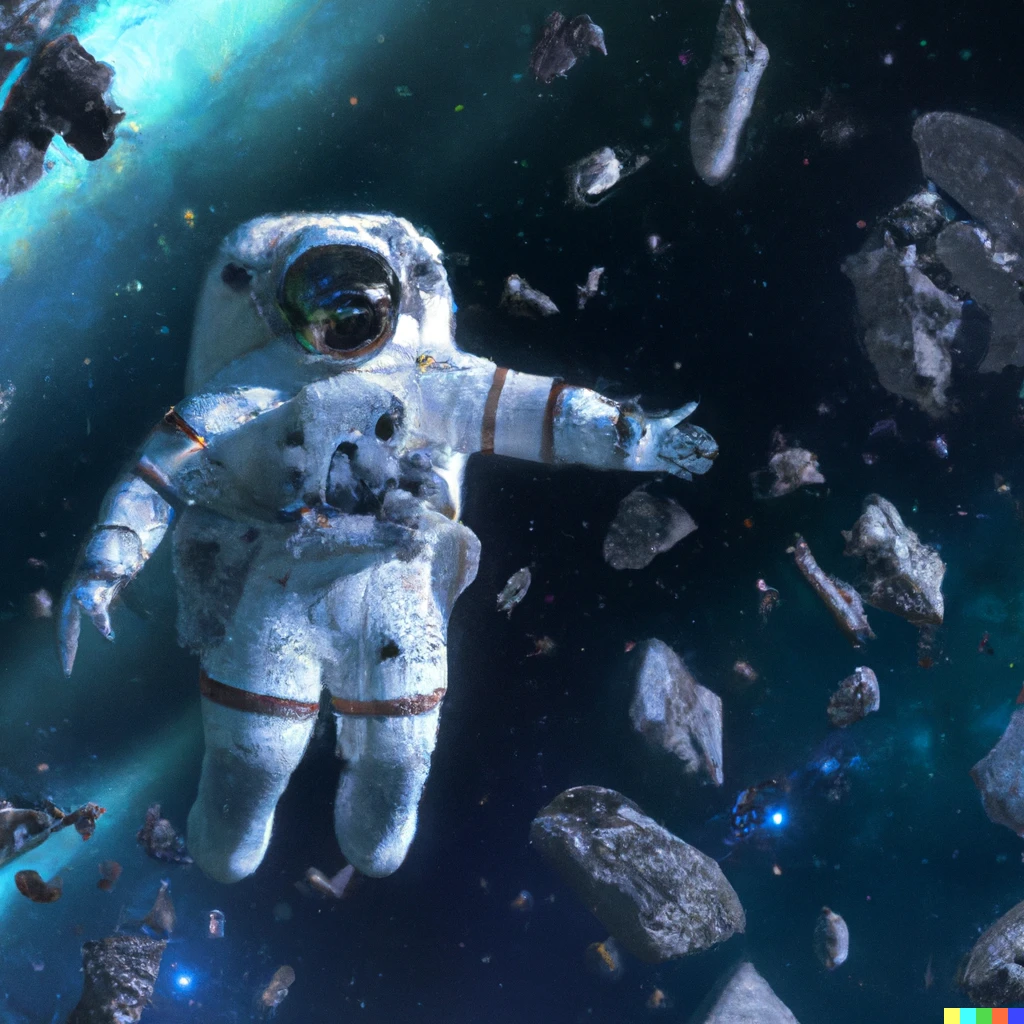 Prompt: astronaut floating lost in space with a galaxy in the background and a destroyed space station