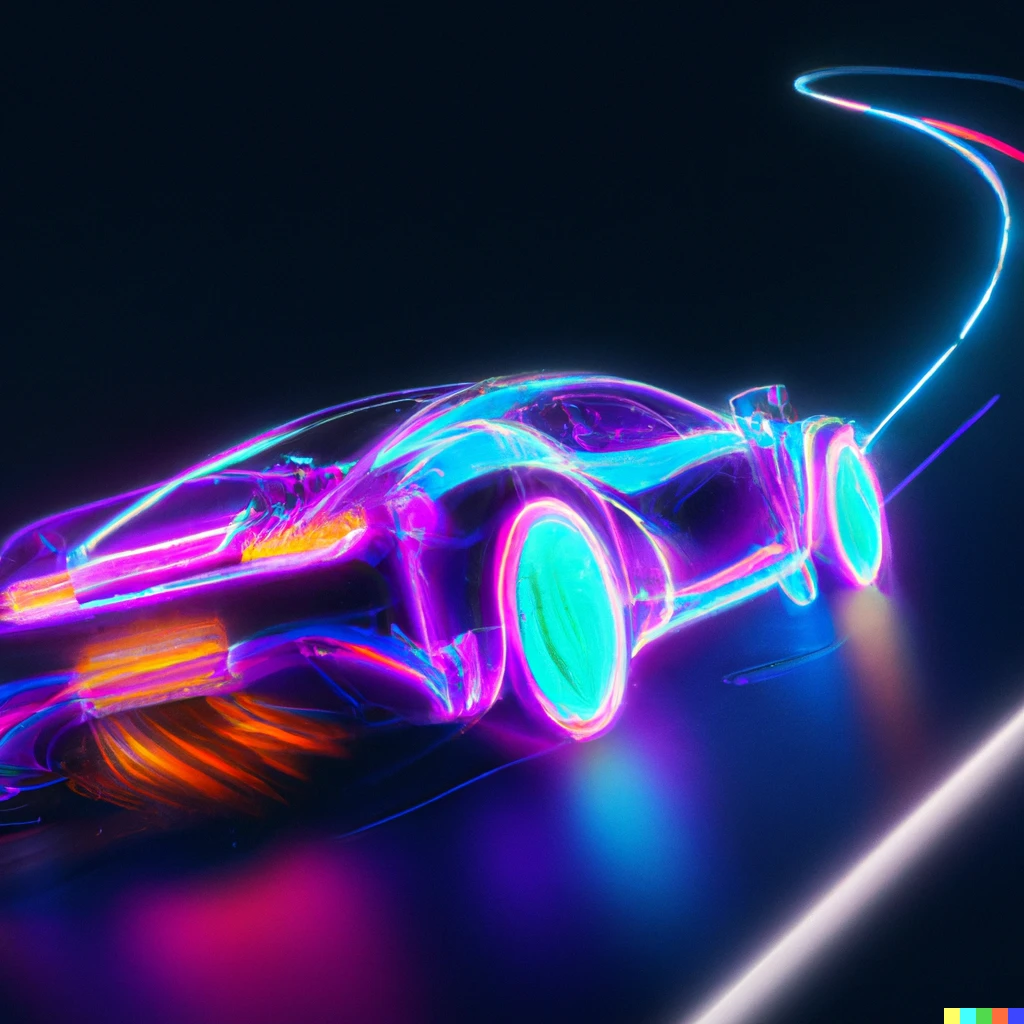 Prompt: A futuristic sport car driving on a neon road