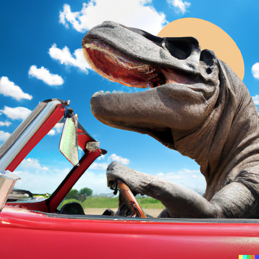 Prompt: A tyrannosaurus rex driving a convertible on route 66