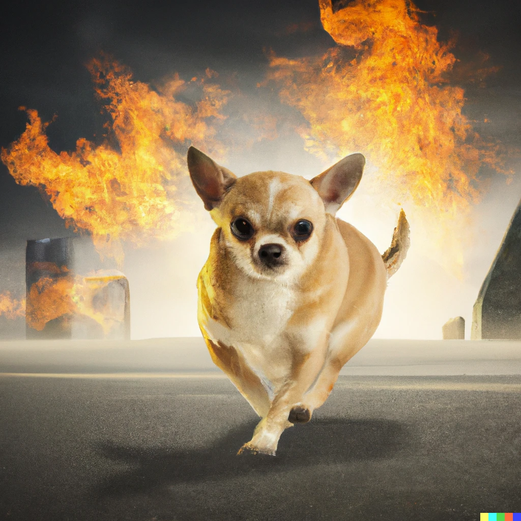 Prompt: A glorious chihuahua running trough a modern city in flame