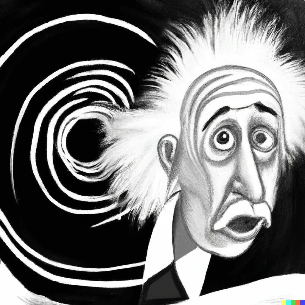 Prompt: Albert Einstein close to a black hole as a Picasso painting, black or white