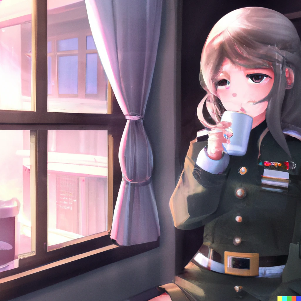 Prompt: Moe anime girl in military uniform drinking coffee and breathing white breath by the window in winter, Anime scenery concept art by Makoto Shinkai , inspiring feeling,  4K HD, Ranking number 1 on pixiv, sharp, 2d Vector illustration(1px) official media, wallpaper, Instagram,  fantasy art, intricate, cinematic lighting,  1944 american propaganda poster, unreal engine,photorealistic 