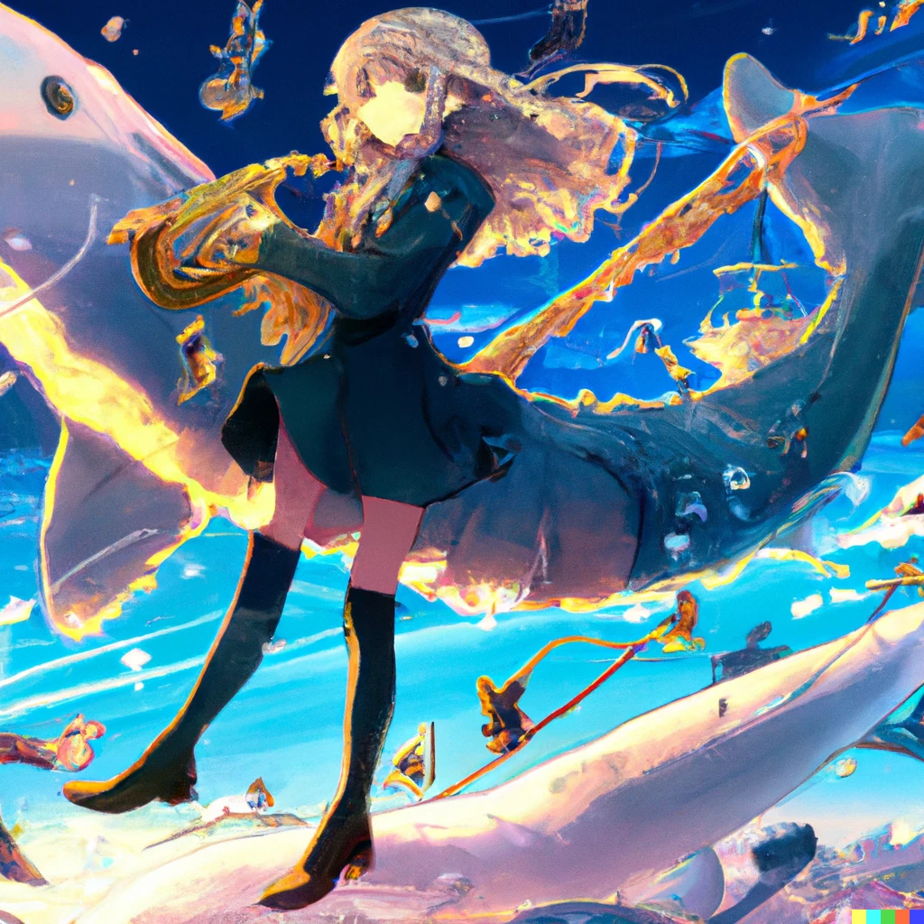 Prompt: Moe anime girl in military uniform straddling  a flying whale made by bones and playing saxophone , Anime scenery concept art by Makoto Shinkai , inspiring feeling,  4K HD, Ranking number 1 on pixiv, sharp, 2d Vector illustration(1px) official media, wallpaper, Instagram,  fantasy art, intricate, cinematic lighting,  1944 american propaganda poster, unreal engine,photorealistic 