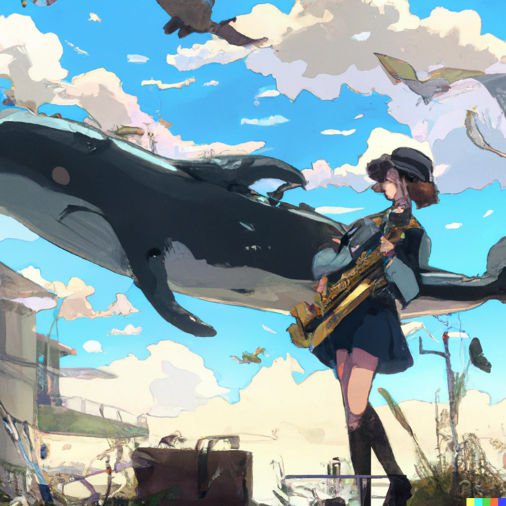 Prompt: Moe anime girl in military uniform straddling  a flying whale made by bones and playing saxophone , Anime scenery concept art by Makoto Shinkai , inspiring feeling,  4K HD, Ranking number 1 on pixiv, sharp, 2d Vector illustration(1px) official media, wallpaper, Instagram,  fantasy art, intricate, cinematic lighting,  1944 american propaganda poster