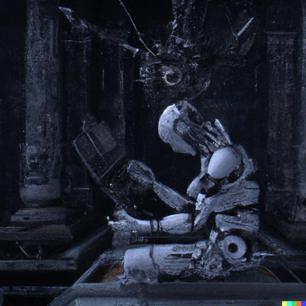 Prompt: A humanoid robot that is modifying its own brain with a remote-controlled robotic arm , scenery concept art by @_otumami_ , matte painting, gothic, ornate,  hyperrealistic, fantasy art, intricate,  carved white marble, beautiful highly detailed,  cinematic lighting, Final Fantasy, DARK SOULS, Bloodborne, ELDEN RING,  volumetric lighting, moody, unreal engine, octane render, photorealistic. 