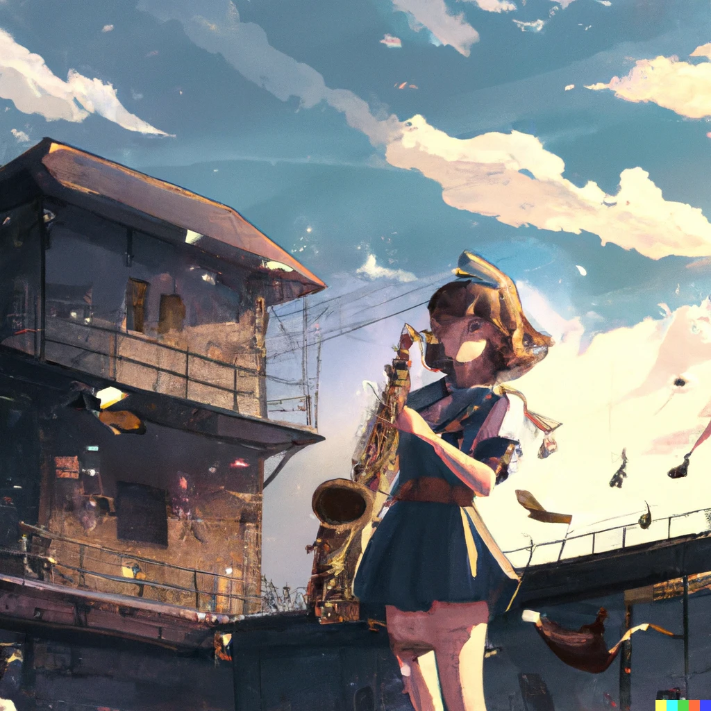 Prompt: Moe anime girl in military uniform playing saxophone on top of abandoned building under blue sky, Anime scenery concept art by Makoto Shinkai , inspiring feeling,  4K HD, Ranking number 1 on pixiv, sharp, 2d Vector illustration(1px) official media, wallpaper, Instagram,  fantasy art, intricate, cinematic lighting,  1944 american propaganda poster, unreal engine,photorealistic 
