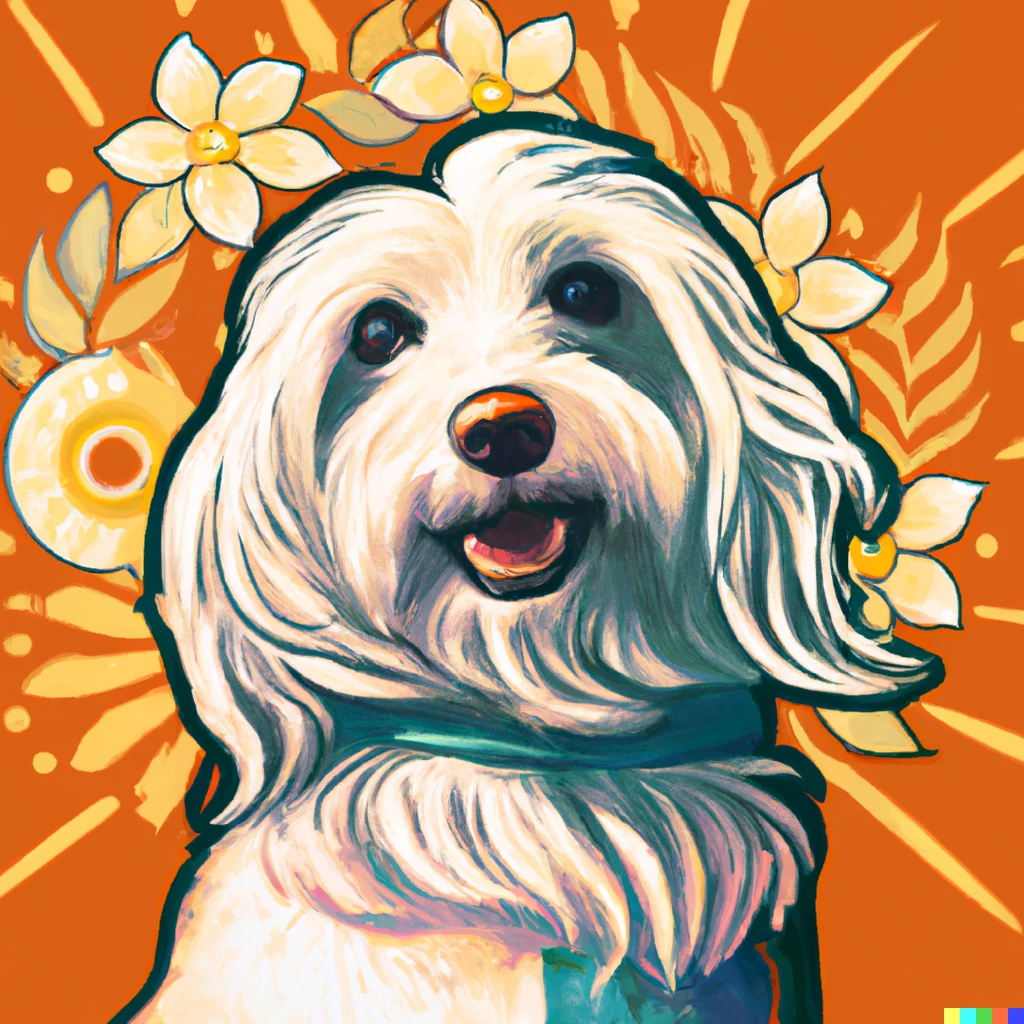 Prompt: A stylish 1930s portrait of a happy Coton de Tulear dog in the style of Alphonse Mucha. Lots of colors. The dog is looking at you with loving eyes.