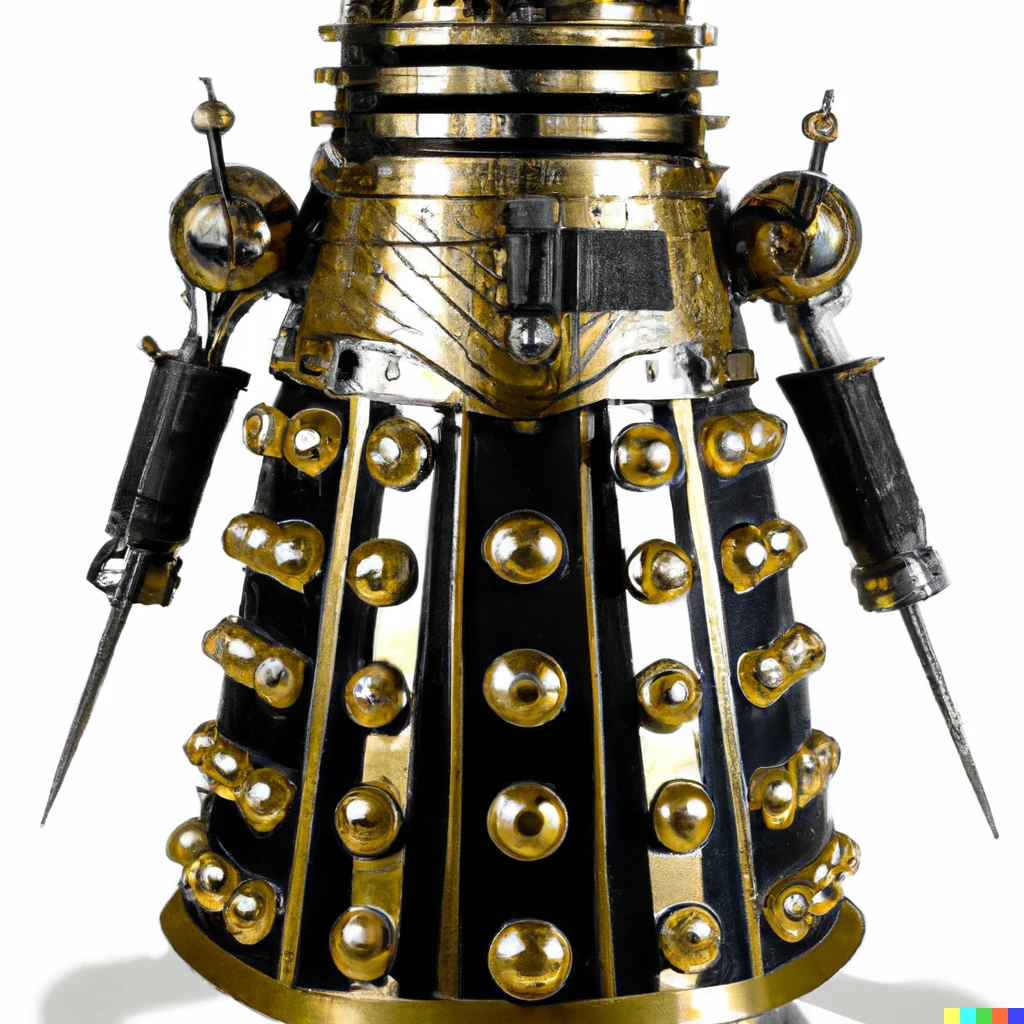 Prompt: Dalek X, the Dalek Inquisitor General. Gunmetal black armor casing, studded with golden globes, and golden armour slats.