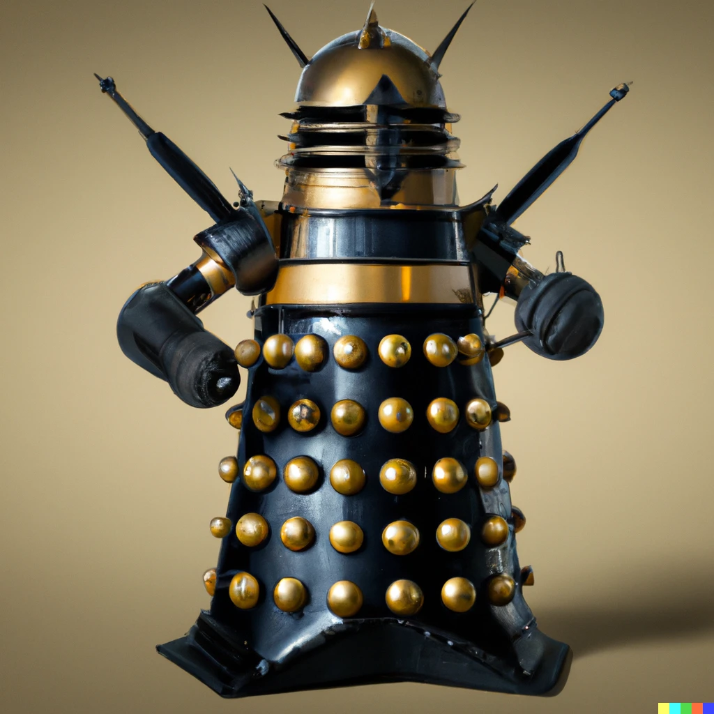 Prompt: Dalek X, the Dalek Inquisitor General. Gunmetal black armor casing, studded with golden globes, and golden armour slats.