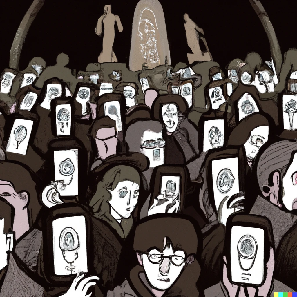 Prompt: A crowd of pale people with large eyes shaped like cell phones, staring at a huge cellphone screen with a picture of gravestone on it. All if this takes place in a dark dimly lit audotorium