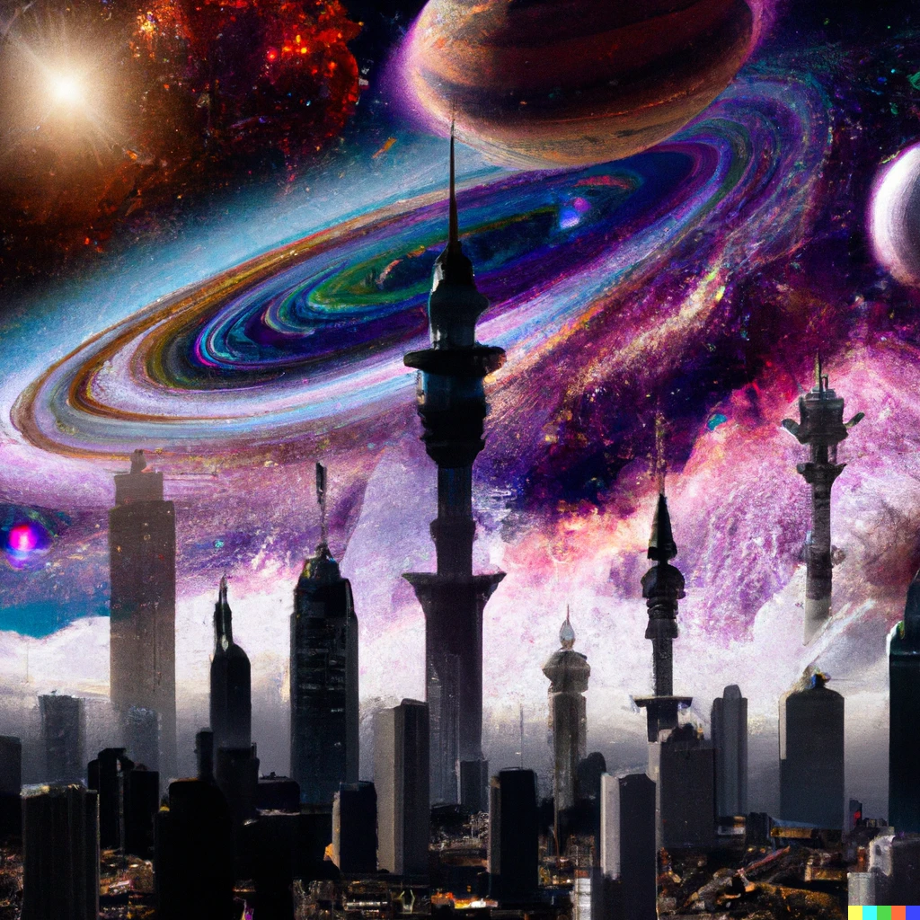 Prompt: A city scape with towers made from galaxies and planets
